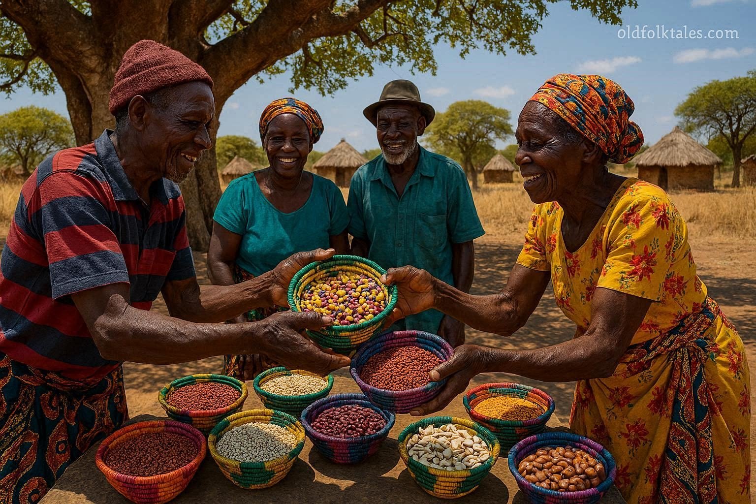 Lenje farmers exchanging traditional seed varieties beneath a large fig tree in Central Zambia before the planting season.