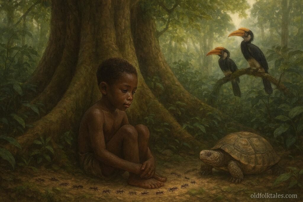 A young Mandjia initiate sitting beneath a giant rainforest tree observing animals during his rite of passage.