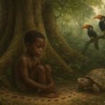 A young Mandjia initiate sitting beneath a giant rainforest tree observing animals during his rite of passage.