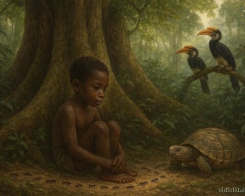 A young Mandjia initiate sitting beneath a giant rainforest tree observing animals during his rite of passage.