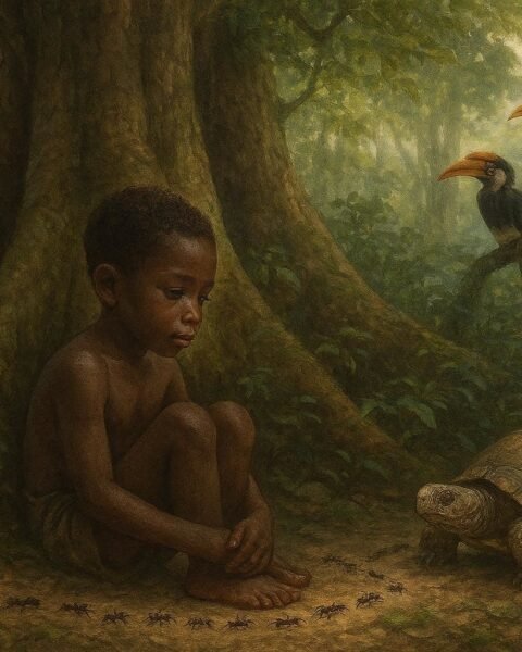 A young Mandjia initiate sitting beneath a giant rainforest tree observing animals during his rite of passage.