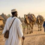 A Muslim Wolof pilgrim setting out with a caravan from a traditional Gambian village at sunrise.
