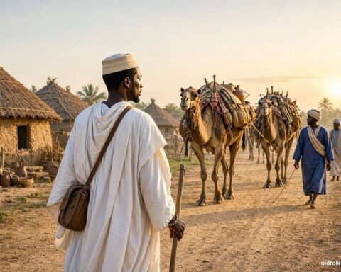 A Muslim Wolof pilgrim setting out with a caravan from a traditional Gambian village at sunrise.