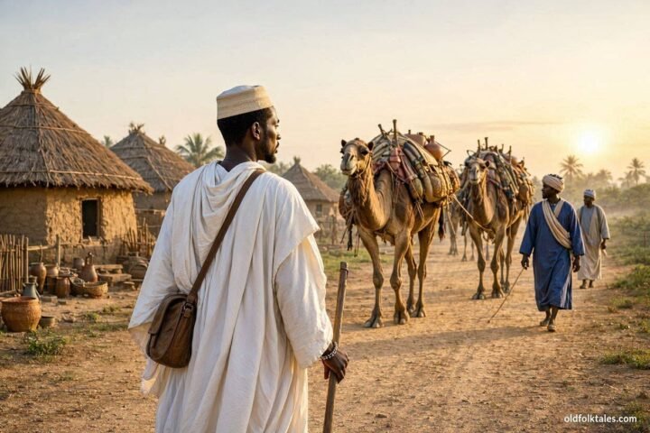 A Muslim Wolof pilgrim setting out with a caravan from a traditional Gambian village at sunrise.