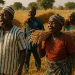 Kabye and Tem harvesters singing traditional work songs while carrying grain sheaves in northern Togo.