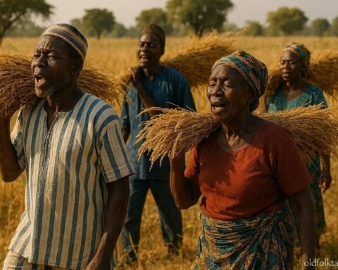 Kabye and Tem harvesters singing traditional work songs while carrying grain sheaves in northern Togo.