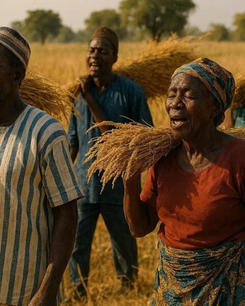 Kabye and Tem harvesters singing traditional work songs while carrying grain sheaves in northern Togo.