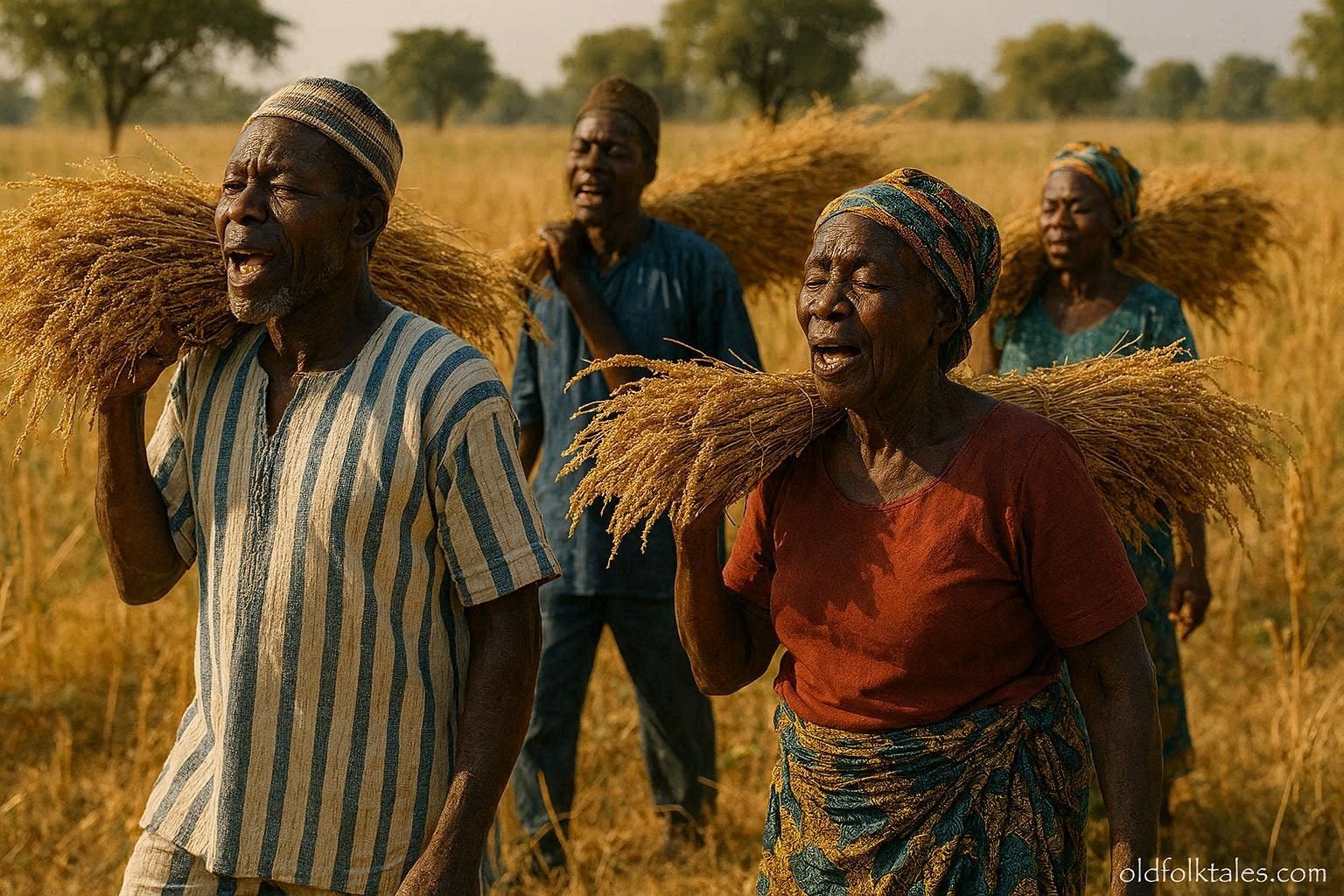 Kabye and Tem harvesters singing traditional work songs while carrying grain sheaves in northern Togo.