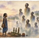 Parchment style illustration of a young Songye traveler meeting ancestral spirits rising from the mist over Lake Boya.