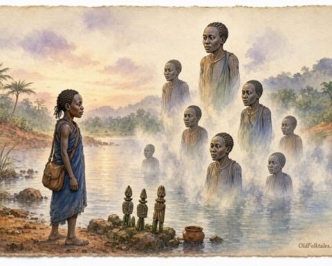 Parchment style illustration of a young Songye traveler meeting ancestral spirits rising from the mist over Lake Boya.