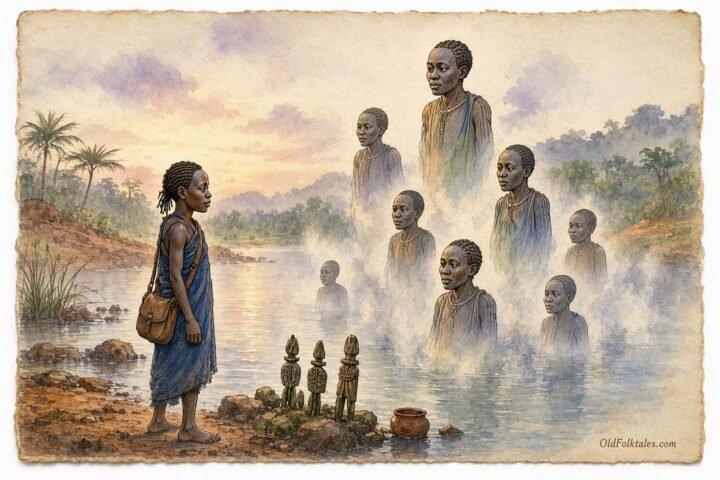 Parchment style illustration of a young Songye traveler meeting ancestral spirits rising from the mist over Lake Boya.