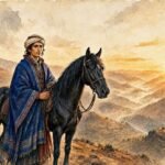 Parchment style illustration of a mystical black stallion and a young Amazigh chief overlooking the valleys of the High Atlas Mountains.