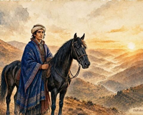 Parchment style illustration of a mystical black stallion and a young Amazigh chief overlooking the valleys of the High Atlas Mountains.