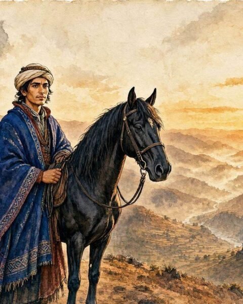 Parchment style illustration of a mystical black stallion and a young Amazigh chief overlooking the valleys of the High Atlas Mountains.