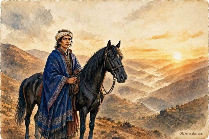 Parchment style illustration of a mystical black stallion and a young Amazigh chief overlooking the valleys of the High Atlas Mountains.