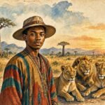Parchment style illustration of a young Herero man standing peacefully among lions on the Angolan savannah.