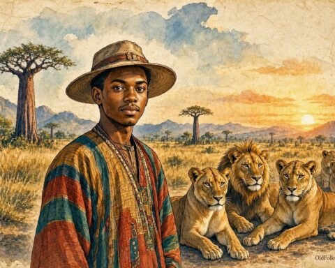 Parchment style illustration of a young Herero man standing peacefully among lions on the Angolan savannah.