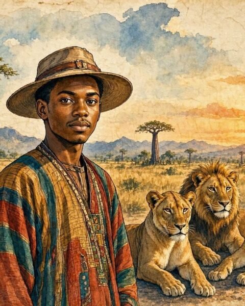 Parchment style illustration of a young Herero man standing peacefully among lions on the Angolan savannah.