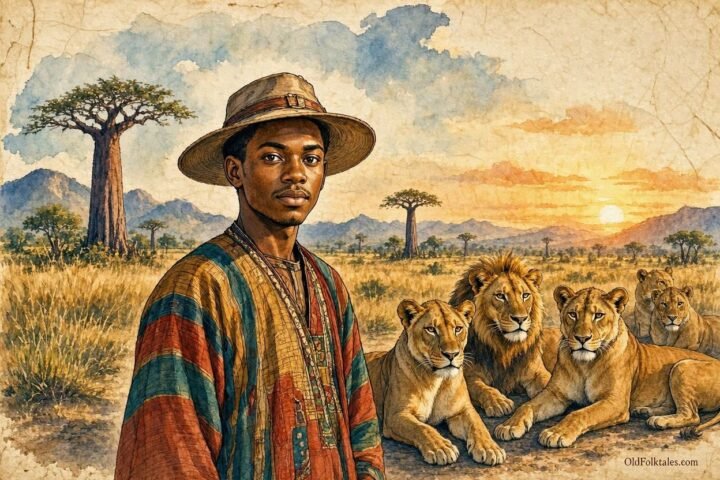 Parchment style illustration of a young Herero man standing peacefully among lions on the Angolan savannah.