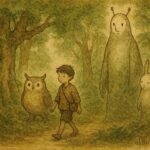 Parchment-style illustration of a lost Ikom boy walking with kind forest spirits in Southern Nigeria.