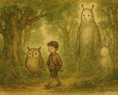 Parchment-style illustration of a lost Ikom boy walking with kind forest spirits in Southern Nigeria.