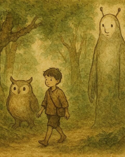 Parchment-style illustration of a lost Ikom boy walking with kind forest spirits in Southern Nigeria.