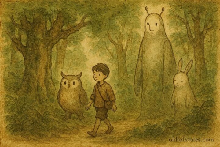 Parchment-style illustration of a lost Ikom boy walking with kind forest spirits in Southern Nigeria.