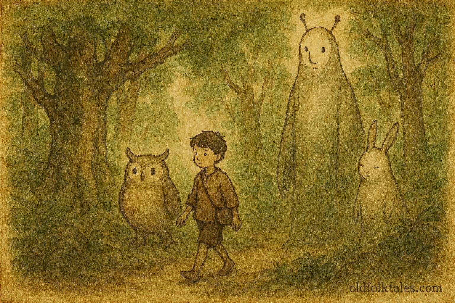 Parchment-style illustration of a lost Ikom boy walking with kind forest spirits in Southern Nigeria.