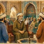 Parchment style illustration of a Moroccan judge listening to two brothers in a traditional Marrakesh courtroom.