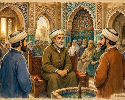 Parchment style illustration of a Moroccan judge listening to two brothers in a traditional Marrakesh courtroom.