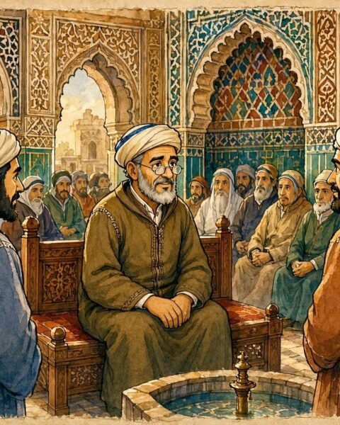 Parchment style illustration of a Moroccan judge listening to two brothers in a traditional Marrakesh courtroom.