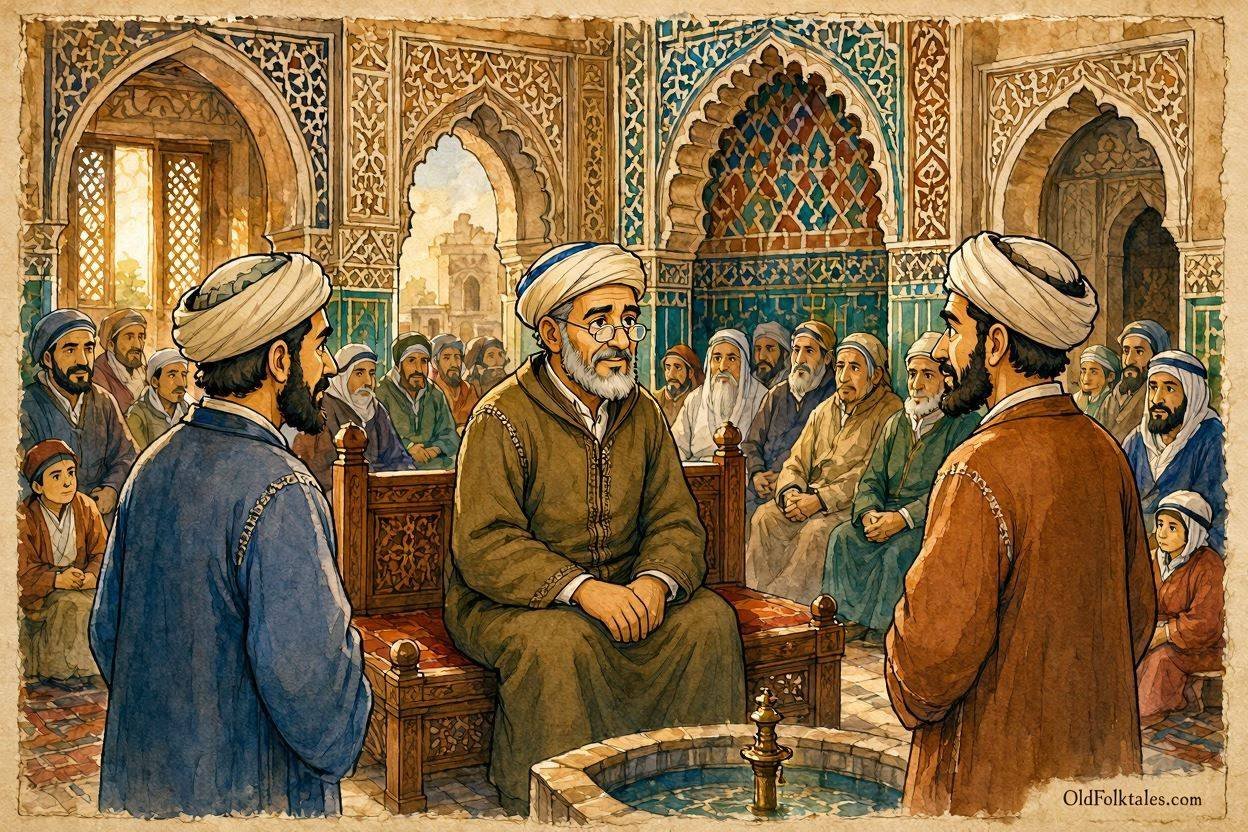 Parchment style illustration of a Moroccan judge listening to two brothers in a traditional Marrakesh courtroom.