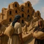 Adult Amazigh villagers storing grain inside a historic fortified ksar in southern Tunisia.