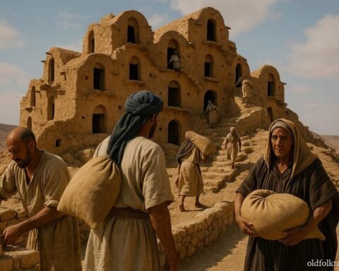 Adult Amazigh villagers storing grain inside a historic fortified ksar in southern Tunisia.