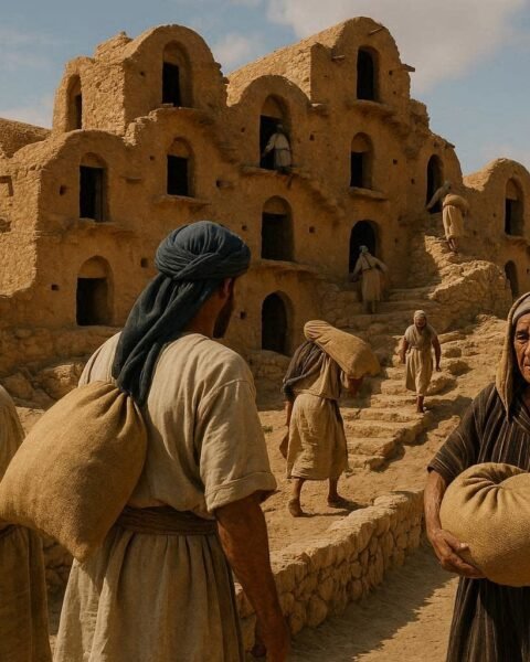 Adult Amazigh villagers storing grain inside a historic fortified ksar in southern Tunisia.