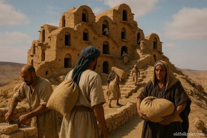 Adult Amazigh villagers storing grain inside a historic fortified ksar in southern Tunisia.