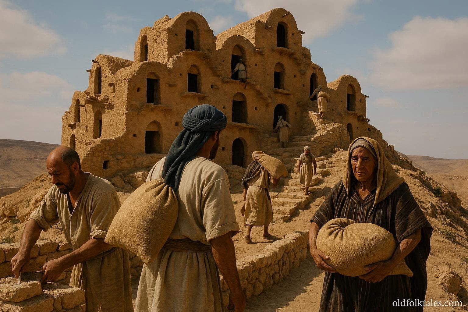 Adult Amazigh villagers storing grain inside a historic fortified ksar in southern Tunisia.