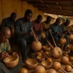 Tem artisans carving decorative calabashes in a traditional workshop in Sokodé, Togo.
