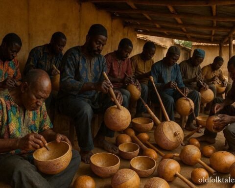 Tem artisans carving decorative calabashes in a traditional workshop in Sokodé, Togo.