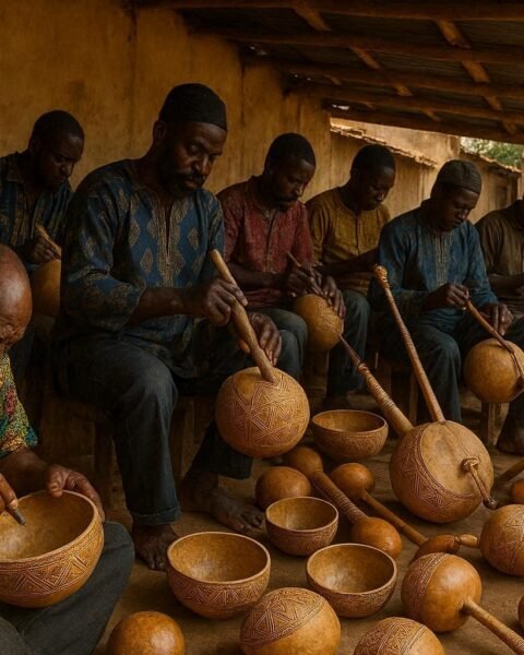 Tem artisans carving decorative calabashes in a traditional workshop in Sokodé, Togo.