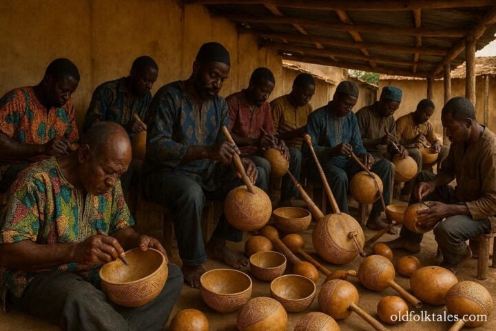 Tem artisans carving decorative calabashes in a traditional workshop in Sokodé, Togo.