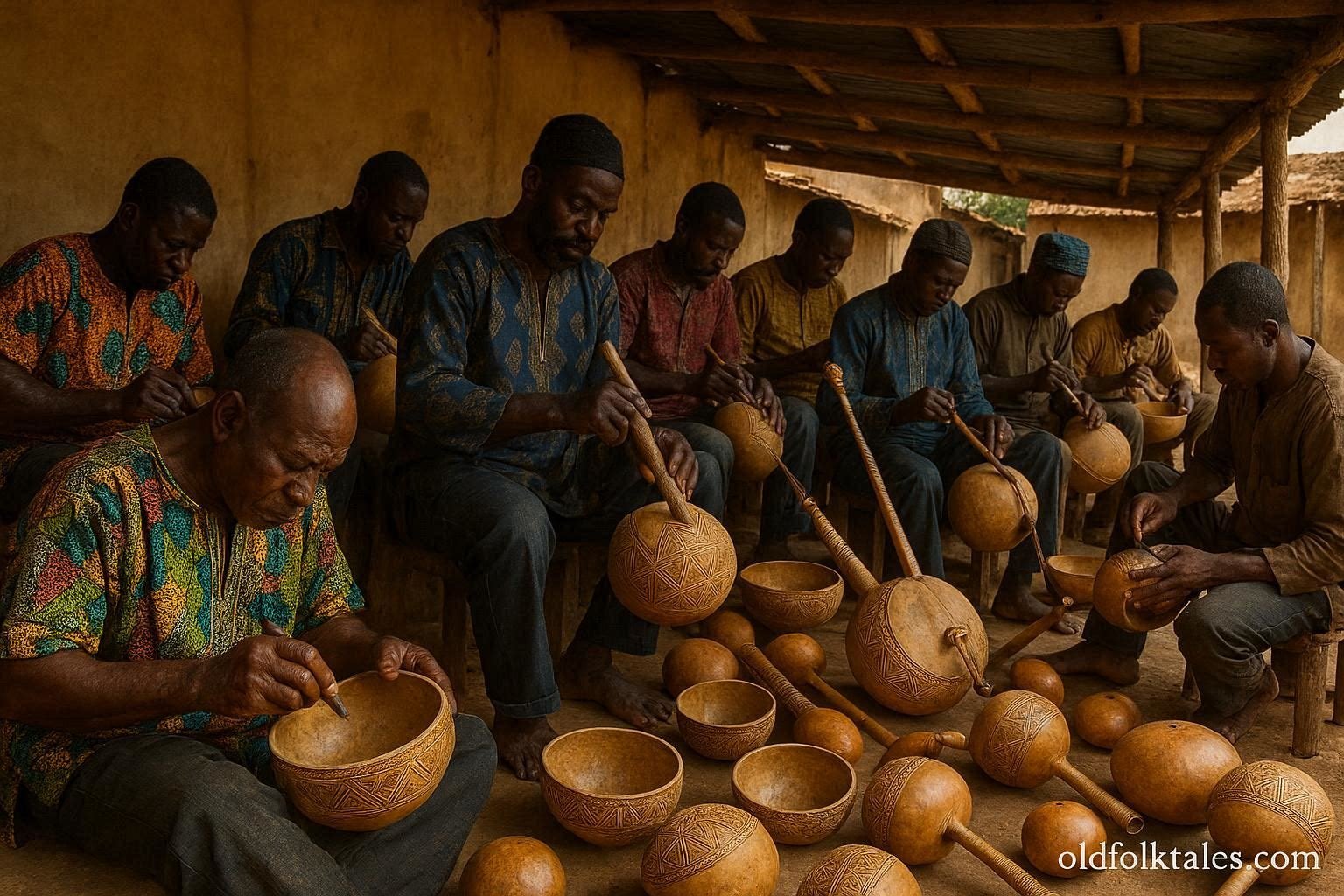 Tem artisans carving decorative calabashes in a traditional workshop in Sokodé, Togo.