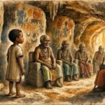 Parchment style illustration of a young Nyaneka Humbe boy meeting wise ancestral elders inside a sacred cave in Angola.