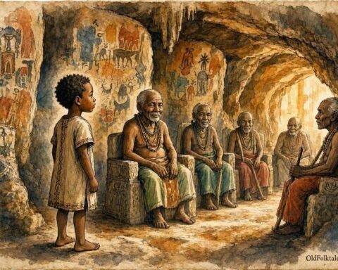 Parchment style illustration of a young Nyaneka Humbe boy meeting wise ancestral elders inside a sacred cave in Angola.