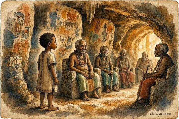 Parchment style illustration of a young Nyaneka Humbe boy meeting wise ancestral elders inside a sacred cave in Angola.