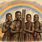 Parchment style illustration of four Luba royal siblings holding bound wooden staffs beneath a rainbow in an ancient kingdom.
