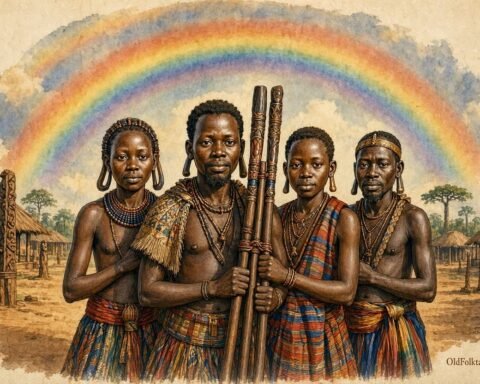 Parchment style illustration of four Luba royal siblings holding bound wooden staffs beneath a rainbow in an ancient kingdom.