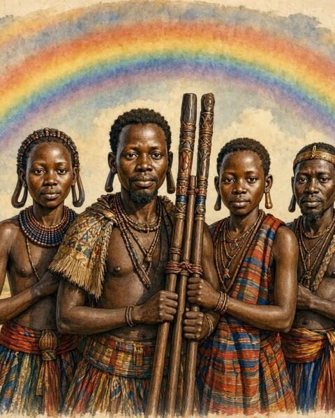 Parchment style illustration of four Luba royal siblings holding bound wooden staffs beneath a rainbow in an ancient kingdom.