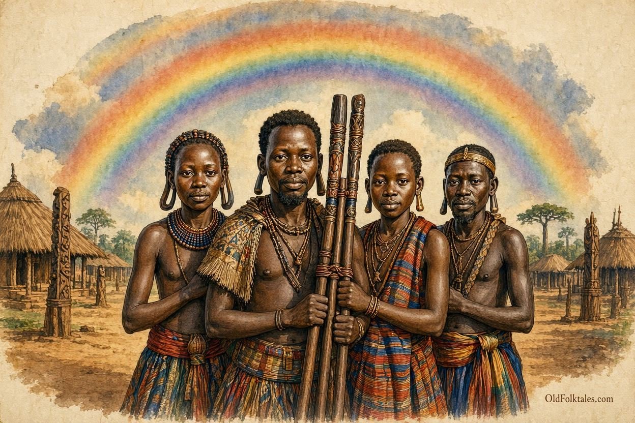 Parchment style illustration of four Luba royal siblings holding bound wooden staffs beneath a rainbow in an ancient kingdom.