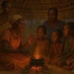 Traditional Bari family gathered around a clay hearth sharing a meal and stories in a South Sudanese home.